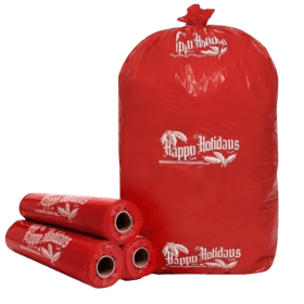 Red 39-gallon Happy Holidays trash bags on a roll